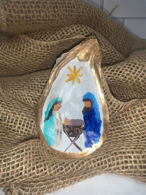 Hand Painted Nativity Oyster Shell With Gold Leaf Edging Star Etsy