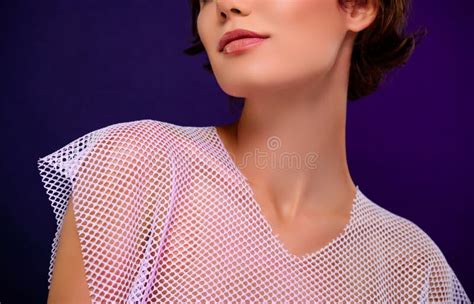 Photo Of Sweet Shiny Woman Naked Shoulders Wear Fishnet Dark Purple Color Background Stock Photo