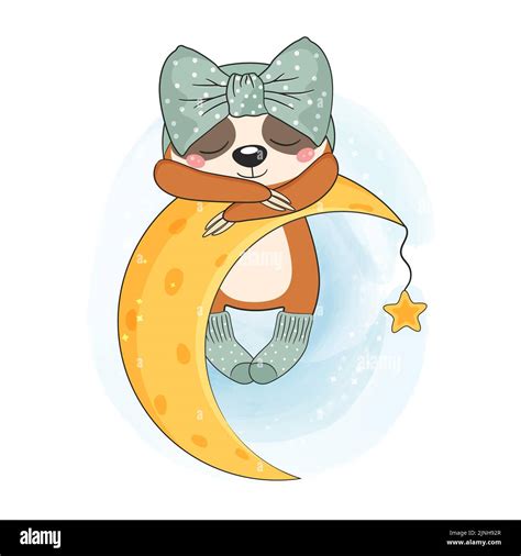 Cute Baby Sloth Sleeping On The Moon Vector Stock Illustration Stock