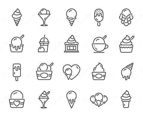 Ice Cream Line Icons Vanilla Sundae Frozen Yogurt Bubble Waffle