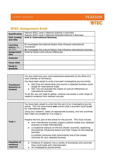 Authorised Assignment Brief For Learning Aim C And D Unit 5