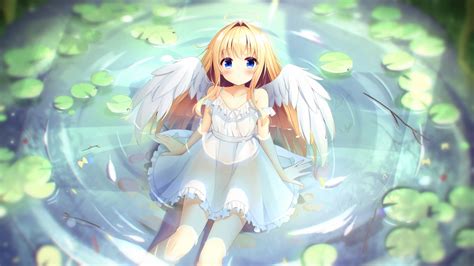 Angel Blonde Hair Blue Eyes Blush Dress Feathers Flat Chest Halo Hiragana Iroiro Leaves Long