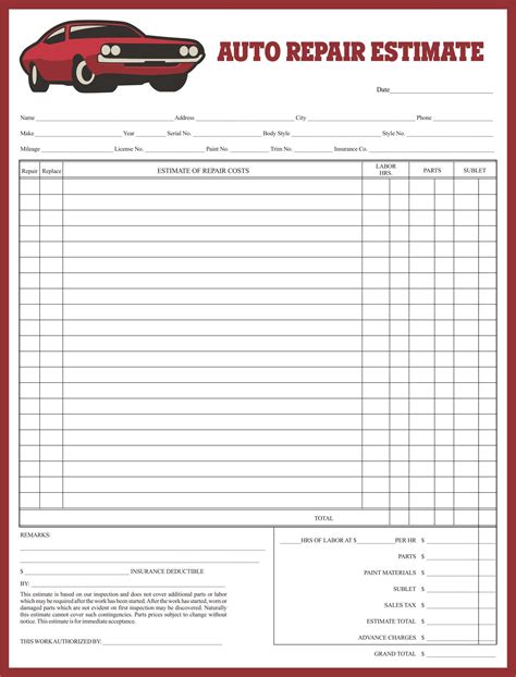 Body Shop Estimate Form Template | Auto repair estimates, Estimate