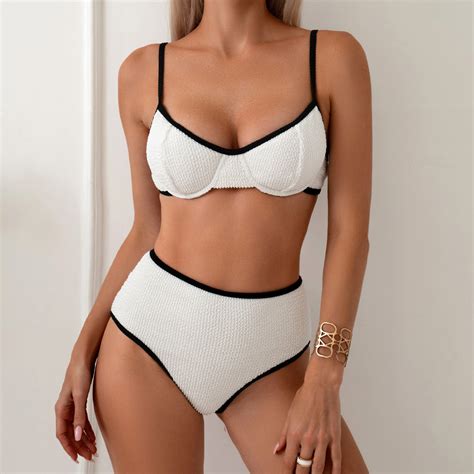 White Black Bordered Underwire Push Up Women Two Pieces Bikini Set