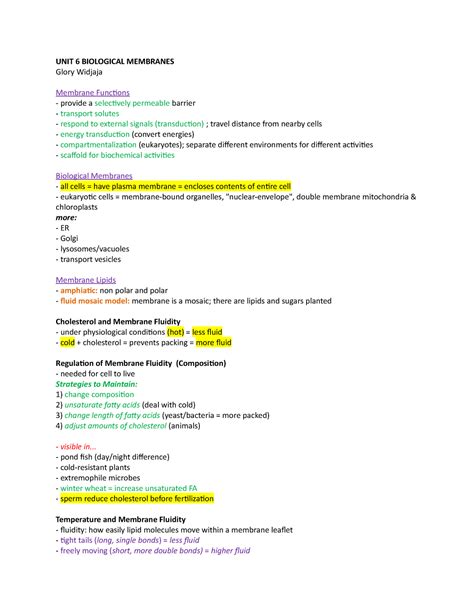 Unit 6 Biological Membranes - UNIT 6 BIOLOGICAL MEMBRANES Glory Widjaja Membrane Functions