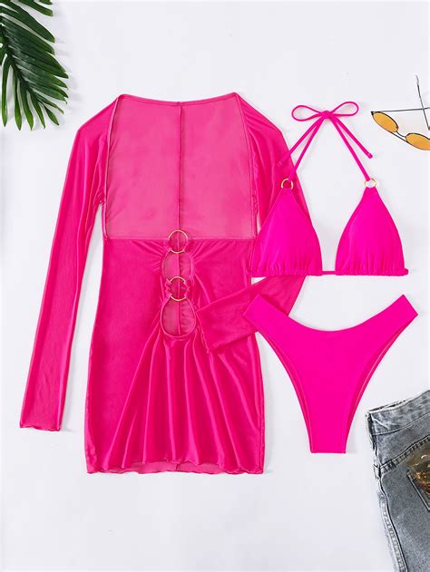 SHEIN Swim SXY Bañador bikini triángulo halter vinculado con aro con cover up Moda de Mujer