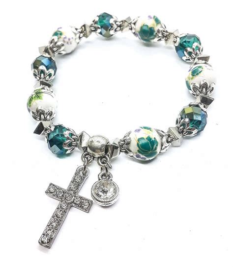 Religious Cross Bracelet Christian Classic Beaded Bangle Green Crystals