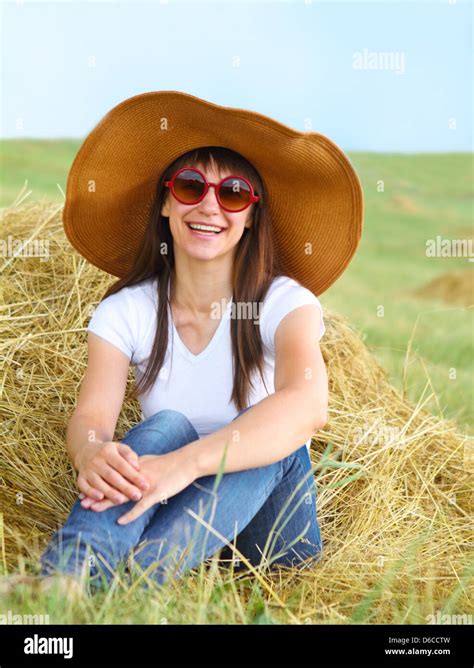 Smiling Brunette Girl In Hat Stock Photo Alamy