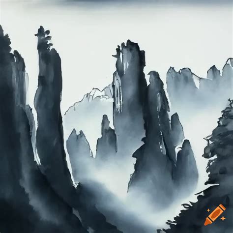 Chinese Ink Drawing Of A Lone Tree On Tall Cliff Mountains On Craiyon