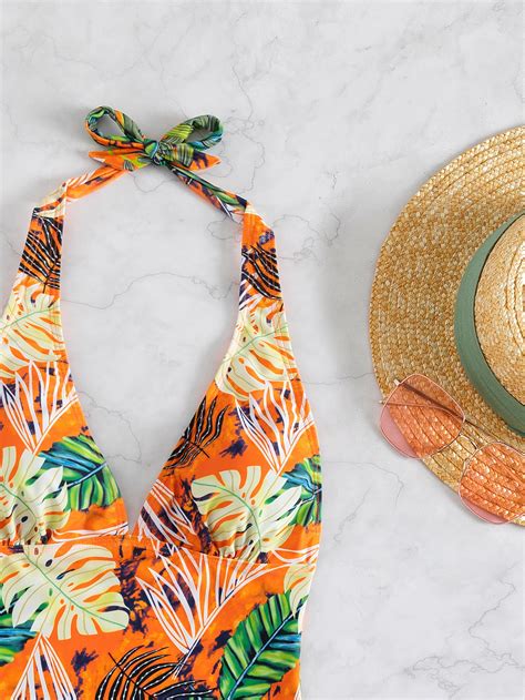 Tropical Print Tankini Set Drawstring Side Halter Top High Waist Bikini Piece Swimsuit