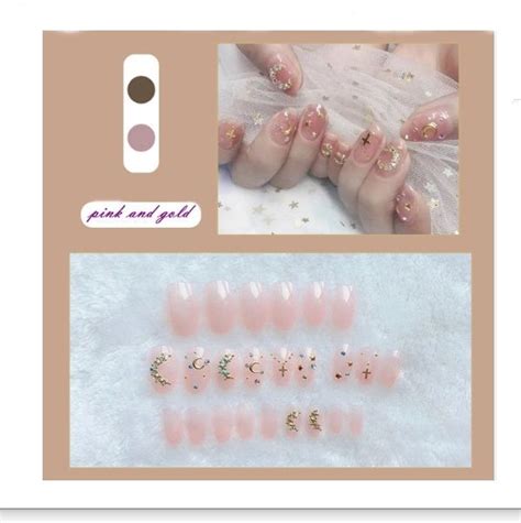 Kuku Palsu Isi Pcs Natural Nude Skin Dengan Taburan Permata Gold Mewah Lem Lazada Indonesia