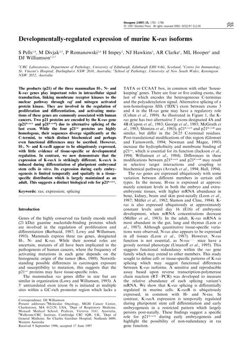 Pdf Developmentally Regulated Expression Of Murine K Ras Isoforms