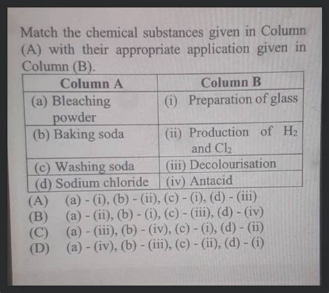 Match The Chemical Substances Given In Column A With Their Appropriate