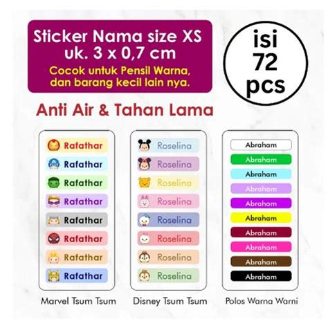 jual stiker label pensil warna nama anak custom ukuran xs isi  pcs
