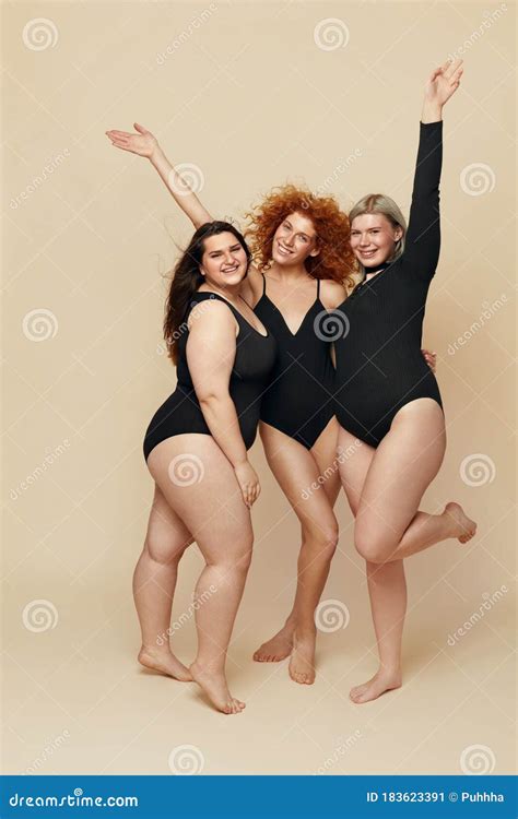 Different Body Types Group Of Diversity Models Full Length Portrait Blonde Brunette And