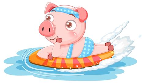 Personnage De Dessin Animé Mignon Cochon Portant Un Bikini Surfant Vecteur Gratuite