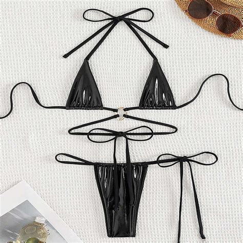 Hot Sale Shiny PU Triangle Mini Badeanzug Mode Latex Bade Bekleidung Frauen Sexy Micro Thong