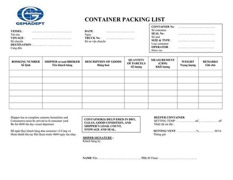 container packing list la gitong hop  giay ha container cua hang tau