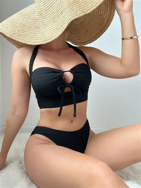 Bañador bikini halter con cordón delantero Moda de Mujer SHEIN México