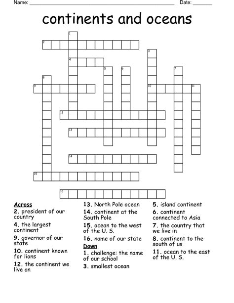 Continents And Oceans Crossword Wordmint