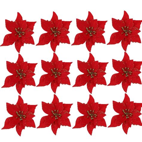 Xmarks Pieces Red Poinsettia Christmas Tree Decorations Glitter