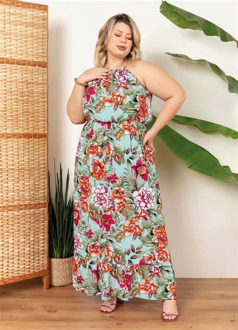 Vestido Plus Size Floral Azul Babado Mink