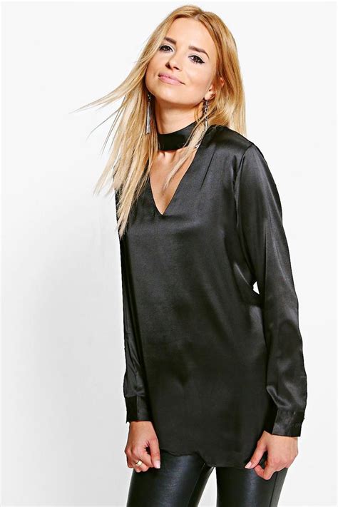 Charlotte Satin Choker Long Sleeve Blouse Boohoo