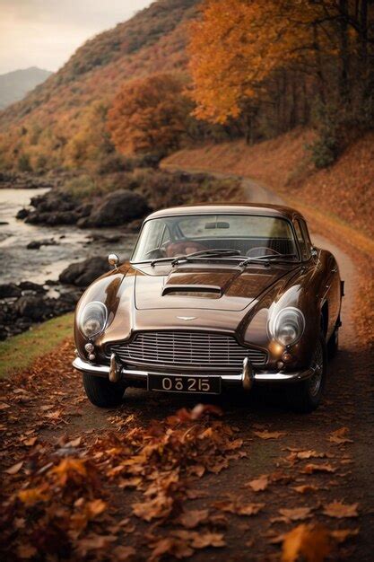 Premium AI Image | Vintage car on the road in the autumn forest at sunset