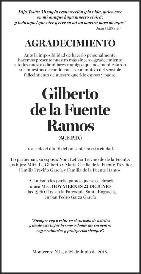 Señor Gilberto de la fuente Ramos Obituario Esquela