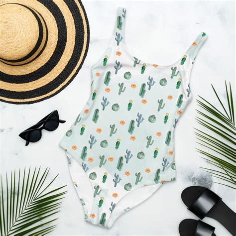 Watercolor Cactus Bikini Desert One Piece Swimsuit High Waisted Swimsuit Women S Swimwear