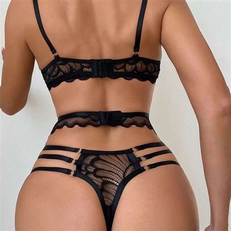 Sexy Black Lace Backless Spaghetti Straps Bra And Thong Lingerie Set N