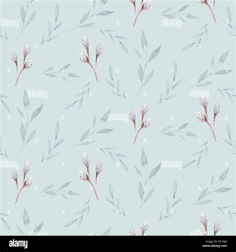 Seamless Pattern With Spring Willow Flowers And Leaves Easter Hand Drawn Background With Pussy