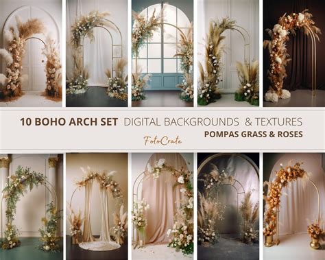 10 Boho Pompas Grass And Roses Digital Background Bridal Etsy