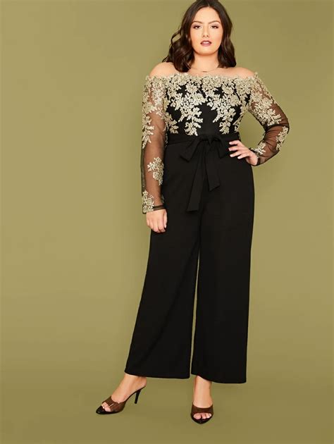 Shein Plus Embroidery Mesh Bodice Belted Bardot Palazzo Jumpsuit Artofit