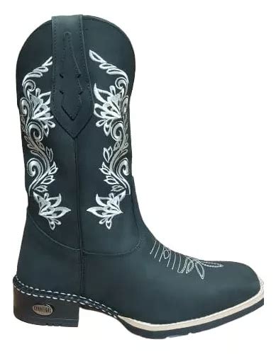 Bota Texana Preta Feminina Country Couro Bordada Cano Longo