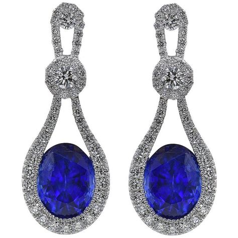 Oval Cut Blue Sapphire and Diamond Dangle Earrings For Sale at 1stdibs