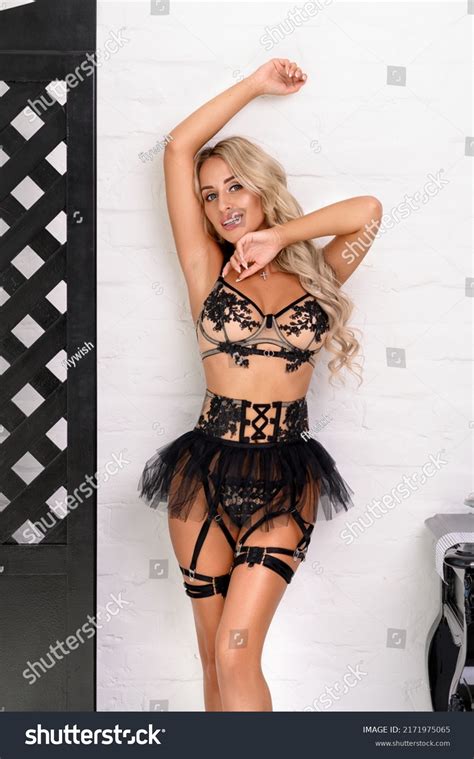 Sexy Blonde Black Lace Lingerie Against Stock Photo 2171975065 Shutterstock