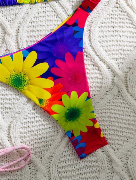 Shein Vcay Summer Beach Plus Size Women S Vacation Floral Print Halter Neck Tie Sexy Bikini