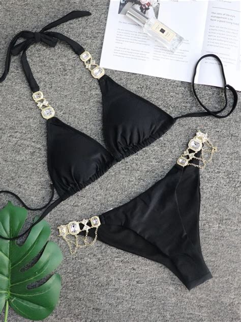 Bikini de lujo con diamantes de imitación para mujer bañador Sexy de color naranja y amarillo