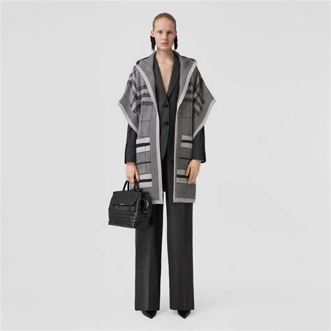 Check Wool Cashmere Blend Hooded Cape In Mid Grey Women Burberry