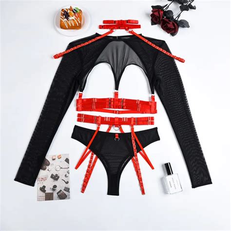 MIRABELLE Gothic Sexy Lingerie Set Woman 4 Piece Long Sleeve Mesh