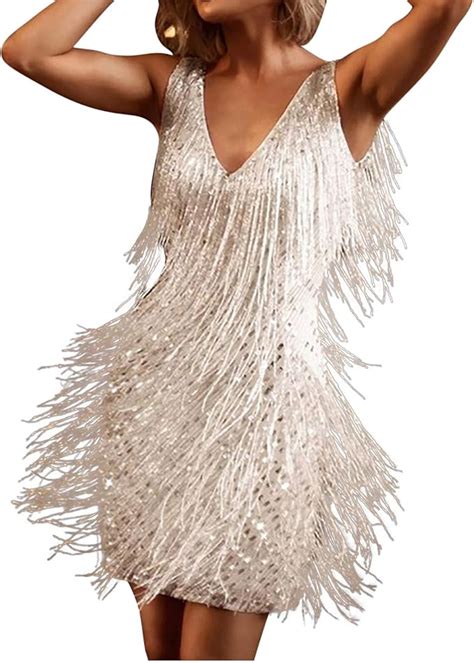 Robe sans manches en plumes à sequins à franges de couleur unie pour