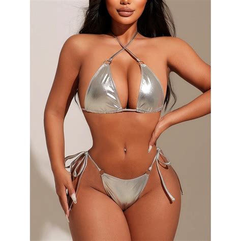 Women Swimsuit Silvery Bronzing Halter Two Piece Bikini Swimwear Shopee Philippines