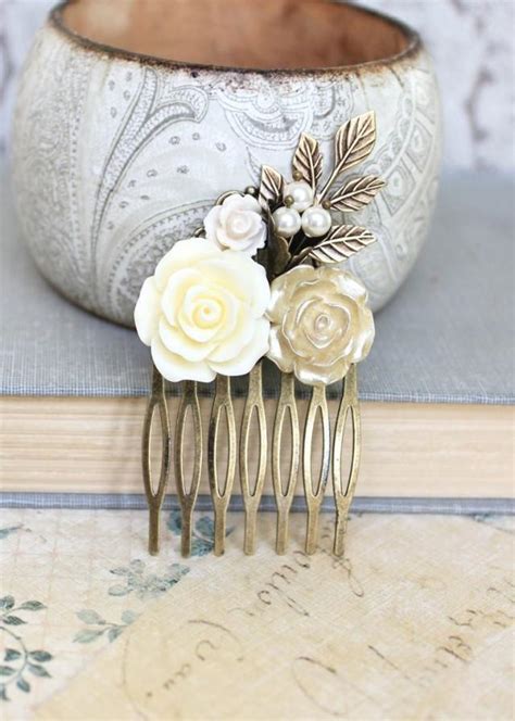 Romantic Floral Bridal Hair Comb Ivory Cream Rose Gold Wedding Hair