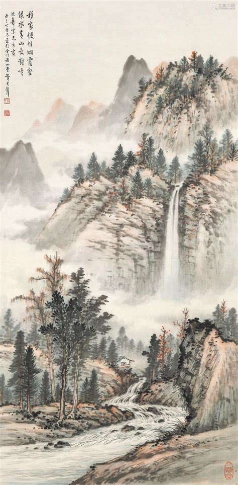 黄君璧 （1898 1991 ） 丁酉（1957年）作 绿水青山长对吟 立轴 设色绢－【deal Price Picture】