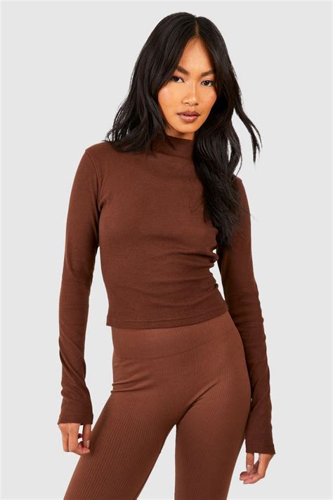 Chocolate Basic Rib Funnel Neck Long Sleeve Top Boohoo Uk