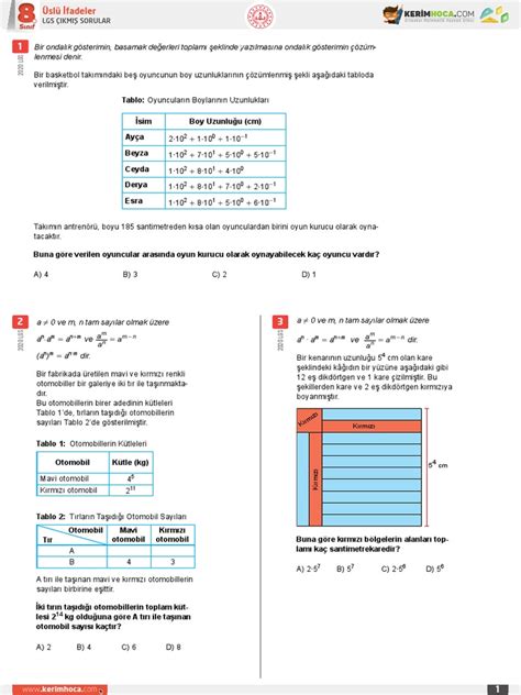 8 Sınıf Üslü İfadeler Lgs Çıkmış Sorular Pdf