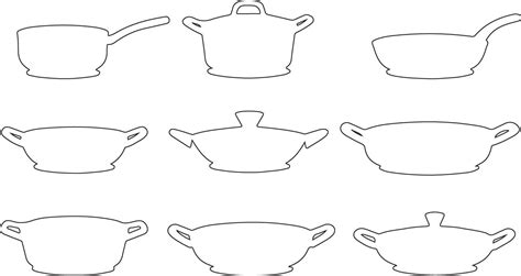 set  kitchen pots  pans  outline design style  vector