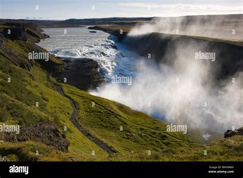 Iceland Gullfoss Nature Scenery Landscape Travel Waterfall Stock Photo