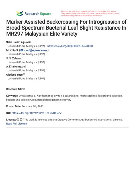 Pdf Marker Assisted Backcrossing For Introgression Of Broad Spectrum